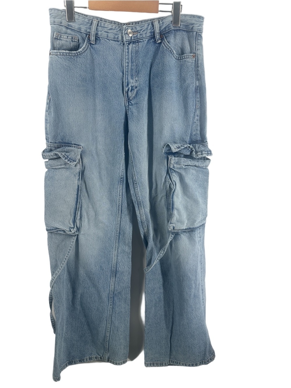 Zara Baggy Cargo Utility Straps Hardware Wide Leg Mid Rise Light Wash Jeans 8